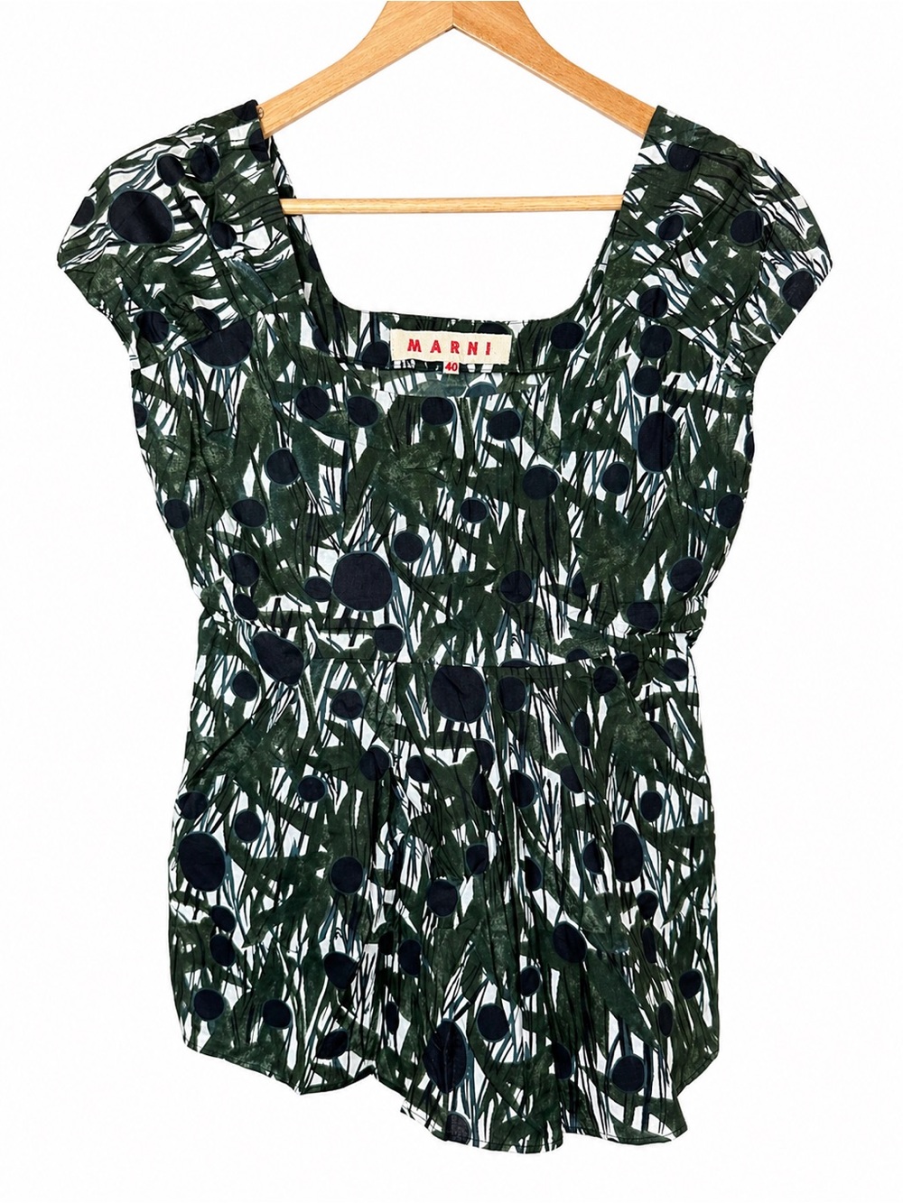 Marni Green and Black Patterned Cap-Sleeve Blouse with pockets